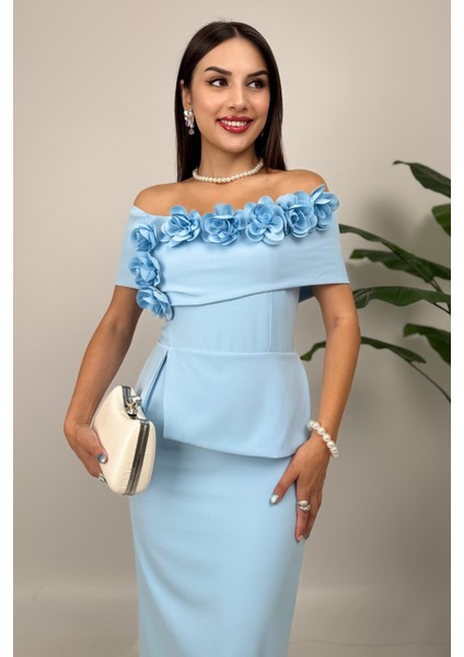 Vivenza Gül Detaylı Omuz Açık Kayık Yaka Uzun Mavi Abiye Elbise, Nişan ve Davet Zarafeti fiyatları