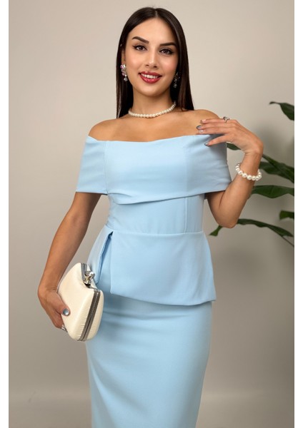 Vivenza Gül Detaylı Omuz Açık Kayık Yaka Uzun Mavi Abiye Elbise, Nişan ve Davet Zarafeti modelleri