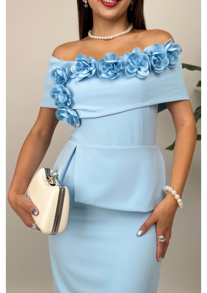 Vivenza Gül Detaylı Omuz Açık Kayık Yaka Uzun Mavi Abiye Elbise, Nişan ve Davet Zarafeti fırsatları