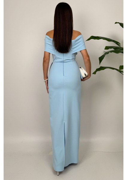 Vivenza Gül Detaylı Omuz Açık Kayık Yaka Uzun Mavi Abiye Elbise, Nişan ve Davet Zarafeti indirimleri