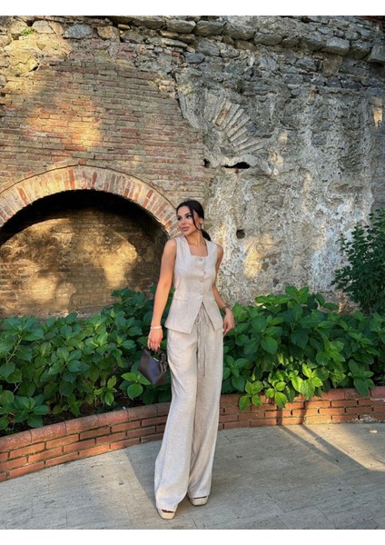 Yelek Pantolon Kare Yaka Keten Takım