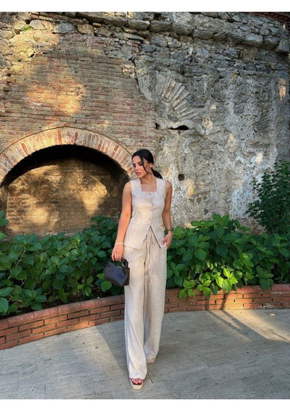 Yelek Pantolon Kare Yaka Keten Takım modelleri