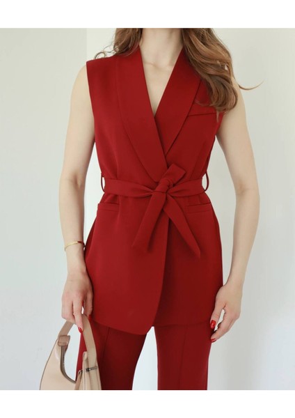 Kuşaklı Yelekli Ikili Blazer Takım