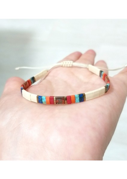 Krem Rengi Turuncu Kırmızı Turkuaz Rengi Lacivert Miyuki Tila Bileklik