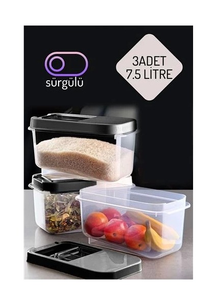 Bx Erzak Bakliyat Saklama Kabı 3 Lü Set 7.5 Lt Antrasit