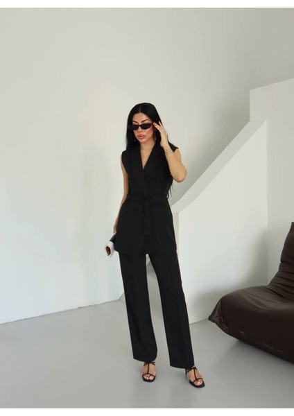Kuşaklı Yelekli Ikili Blazer Takım