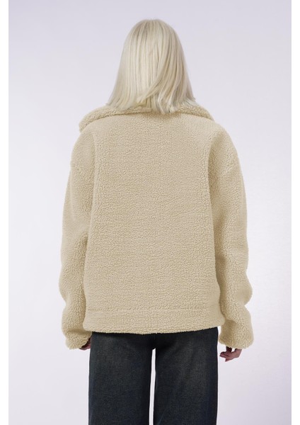 Bej Deri Detaylı Kadın Peluş Mont MG2485 fırsatları