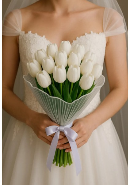Tüllü Lale Gelin Buketi 20 Adet (Yaka Çiçeği Hediyeli)