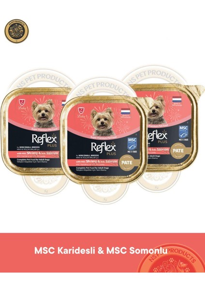 Plus Pate Msc Karidesli ve Msc Somonlu Mini ve Küçük Irklar Için Yetişkin Köpek Maması 3X85 G