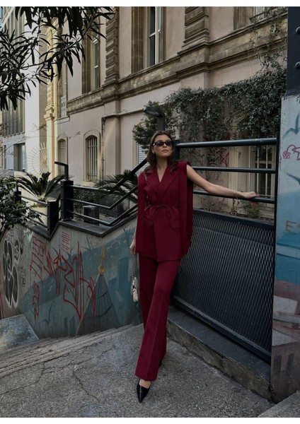Kuşaklı Blazer Yelek Pantolon Ikili Takım