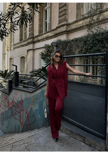 Kuşaklı Blazer Yelek Pantolon Ikili Takım fırsatları