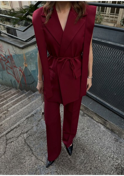 Kuşaklı Blazer Yelek Pantolon Ikili Takım indirimleri