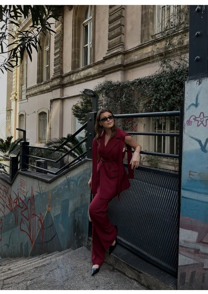 Kuşaklı Blazer Yelek Pantolon Ikili Takım