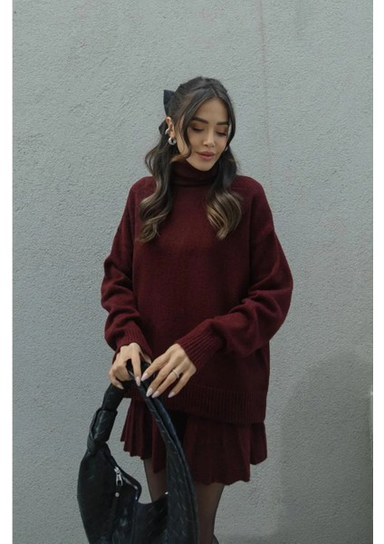 Bordo Pileli Mini Etek Balıkçı Kazak Alt Üst Triko Takım