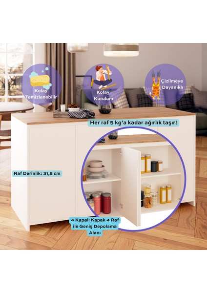 Kahlo G4612 4ADET Sepet Tabure Mutfak Ada 160CM Sepet Üst Beyaz Bar Masa Kahve Köşesi Saklama Dolabı fiyatları
