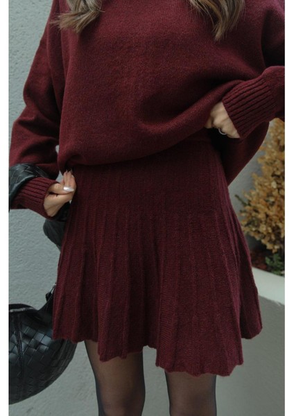 Bordo Pileli Mini Etek Balıkçı Kazak Alt Üst Triko Takım modelleri