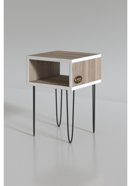 Kenzlife Beyaz Ceviz Suntalam Komodin – Metal Ayaklı, Açık Raflı, Modern Tasarımlı Yan Sehpa ve Depolama Ünitesi