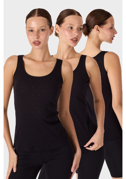 Kadın Siyah 3'lü Kalın Askılı %100 Pamuk Jakarlı Atlet 3M354