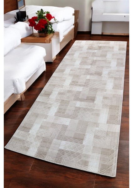 Aksu Jayla Bej Kaymaz Tabanlı Kesme Kabartmalı Salon Koridor Mutfak Halı