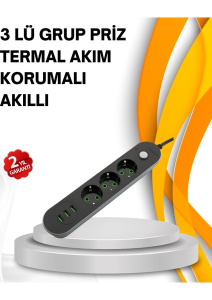 Hızlı Şarj Özellikli 3 USB Girişli Üçlü Priz
