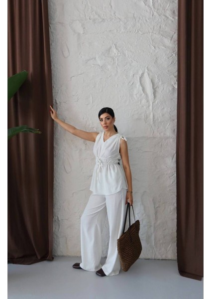 Kadın Lastik Detaylı Bluz Pantolon Takım