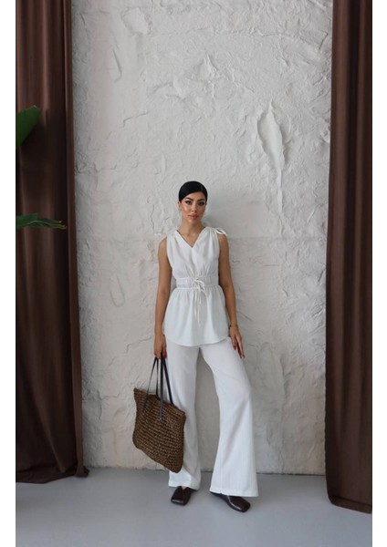 Kadın Lastik Detaylı Bluz Pantolon Takım