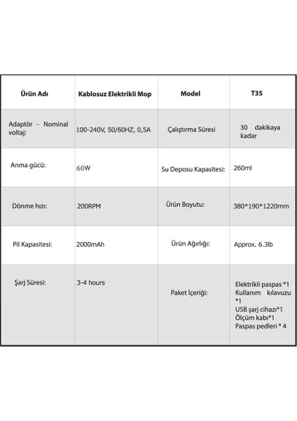 Kablosuz Elektrikli Mop T35 – Şarjlı Sessiz Elektrikli Paspas, Yıkanabilir Pedli (260 ml Su Hazneli) indirimleri
