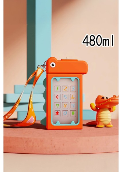 Dinozor Tasarımlı Suluk 480 ml Bpa Içermez Suluk Çocuk Okul Su Şişesi Taşınabilir Matara Turuncu