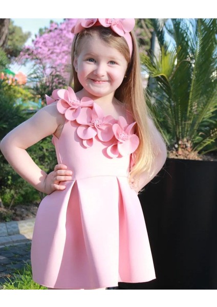 Kız Çocuk Çiçekli Bandanalı Doğum Günü Düğün Nişan Bebek Kınası Abiye/elbise