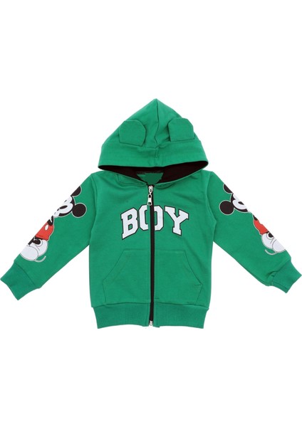 Erkek Çocuk Boy Yazılı Kapüşonu Kulaklı Kolları Resimli Yeşil Hırka