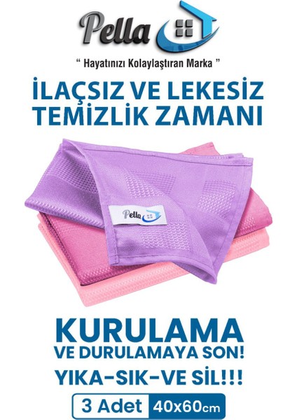 Active Çamaşır Suyu ile Kullanılabilen Tek Mikrofiber 3'lü Temizlik Bezi (40X60) Büyük Boy