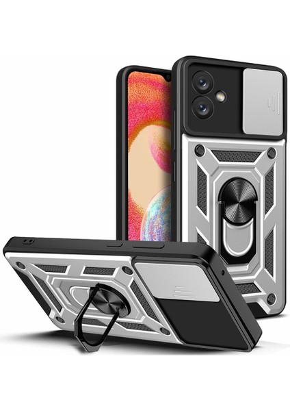 Samsung Galaxy A04E 4G/F04 4G/M04 4g Için Sürgülü Kamera Telefon Kılıfı, Kickstand ile Sert Pc Yumuşak Tpu Koruyucu Sağlam Telefon Kılıfı-Gümüş (Yurt Dışından)