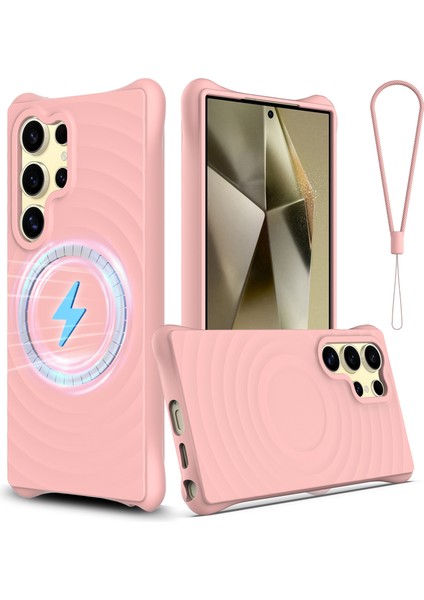 Samsung Galaxy S25 Ultra Kılıf Için Magsafe Dalgalı Doku Sıvı Silikon Koruyucu Kılıf ile Uyumlu Kayış-Pembe (Yurt Dışından)