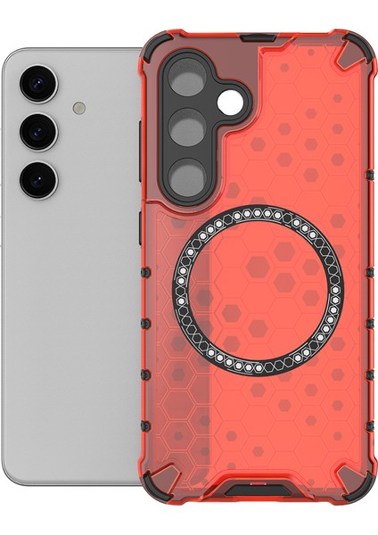 Samsung Galaxy S25 Kılıfı Magsafe Honeycomb Tasarım Tpu+Pc Telefon Kılıfı-Kırmızı ile Uyumlu (Yurt Dışından)