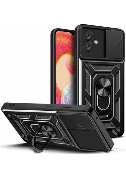 Samsung Galaxy A04E 4G/F04 4G/M04 4g Için Sürgülü Kamera Telefon Kılıfı, Ayaklı Sert Pc Yumuşak Tpu Koruyucu Sağlam Telefon Kılıfı-Siyah (Yurt Dışından)