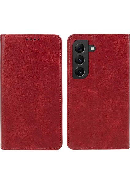 Samsung Galaxy S22 5g Manyetik Kapanış Cüzdan Telefon Kılıfı Dana Doku Pu Deri Kabuk-Kırmızı (Yurt Dışından)