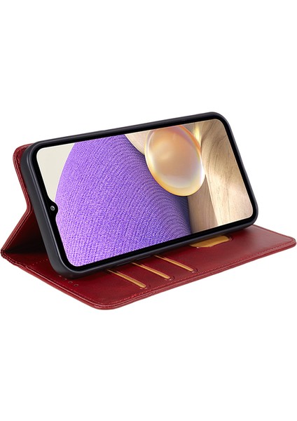 Samsung Galaxy S22 5g Manyetik Kapanış Cüzdan Telefon Kılıfı Dana Doku Pu Deri Kabuk-Kırmızı (Yurt Dışından) indirimleri