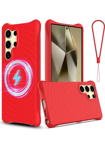 Samsung Galaxy S25 Ultra Kılıf Için Magsafe Dalgalı Doku Sıvı Silikon Koruyucu Kılıf Kayışlı-Kırmızı ile Uyumlu (Yurt Dışından)