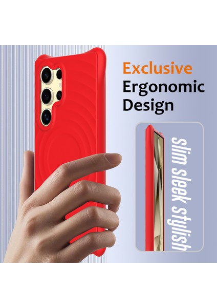 Samsung Galaxy S25 Ultra Kılıf Için Magsafe Dalgalı Doku Sıvı Silikon Koruyucu Kılıf Kayışlı-Kırmızı ile Uyumlu (Yurt Dışından) modelleri