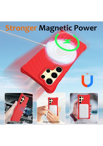 Samsung Galaxy S25 Ultra Kılıf Için Magsafe Dalgalı Doku Sıvı Silikon Koruyucu Kılıf Kayışlı-Kırmızı ile Uyumlu (Yurt Dışından) indirimleri