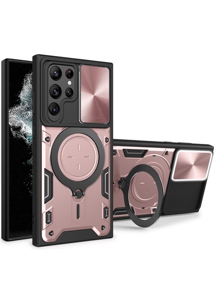 Samsung Galaxy S22 Ultra 5g Döndürülebilir Destekli Telefon Kılıfı Darbeye Dayanıklı Pc+Tpu Kapaklı Kayar Kamera Kapağı-Pembe (Yurt Dışından)
