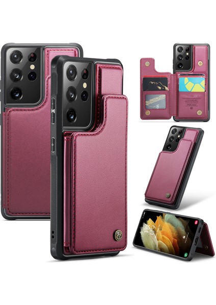 Samsung Galaxy S21 Ultra 5g Telefon Kılıfı Caseme C22 Deri Arka Kapak Rfıd Engelleme Kart Yuvaları Ile-Kırmızı (Yurt Dışından)