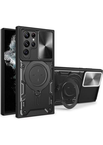 Samsung Galaxy S22 Ultra 5g Döndürülebilir Destekli Telefon Kılıfı Darbeye Dayanıklı Pc+Tpu Kapaklı Kayar Kamera Kapağı-Siyah (Yurt Dışından)