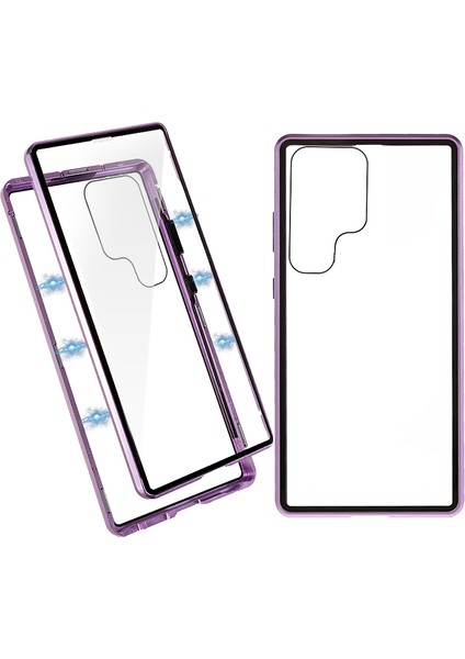 Samsung Galaxy S23 Ultra Metal Çerçeve Çift Taraflı Temperli Cam Telefon Kılıfı-Mor (Yurt Dışından)