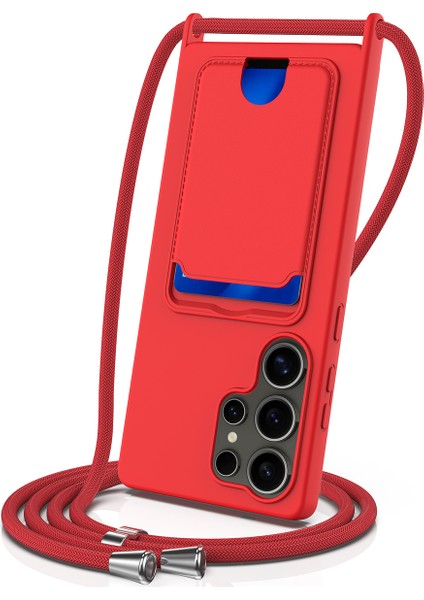 Samsung Galaxy S25 Ultra Kılıf Sıvı Silikon Kart Tutucu Arka Telefon Kılıfı Kordonlu-Kırmızı (Yurt Dışından)