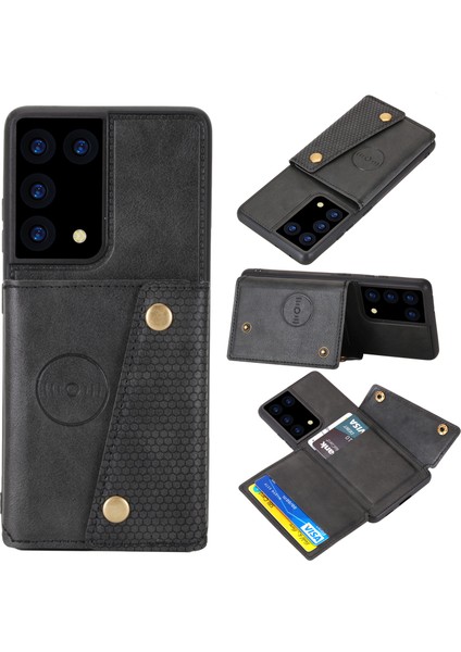 Kart Yuvaları Tasarım Pu Deri Kaplamalı Tpu Kabuk Kılıf Kickstand + Dahili Manyetik Levha Samsung Galaxy S21 Ultra 5g-Siyah Için (Yurt Dışından)