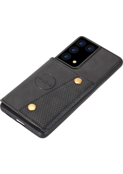 Kart Yuvaları Tasarım Pu Deri Kaplamalı Tpu Kabuk Kılıf Kickstand + Dahili Manyetik Levha Samsung Galaxy S21 Ultra 5g-Siyah Için (Yurt Dışından) indirimleri