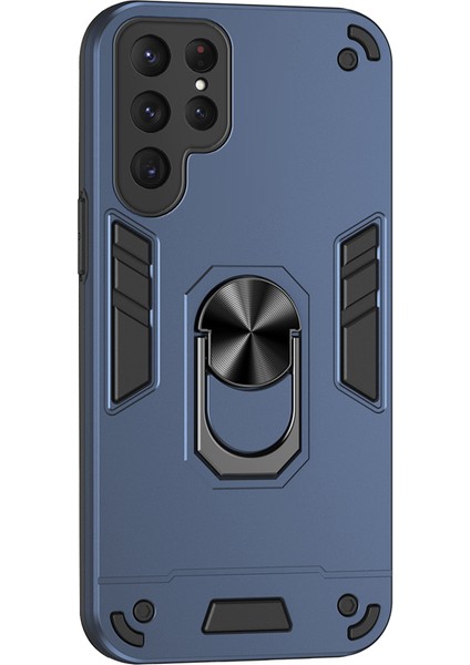 Samsung Galaxy S25 Ultra Kılıf Pc+Tpu Drop Defend Telefon Kılıfı Halkalı Ayaklık-Mavi (Yurt Dışından)