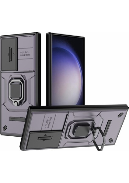 Samsung Galaxy S23 Ultra Pc+Tpu Darbeye Dayanıklı Telefon Kılıfı Sürgülü Lens Koruması Kickstand Kapağı-Mor (Yurt Dışından)