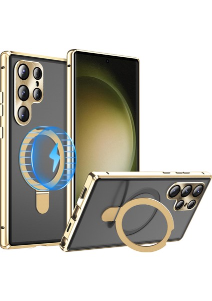Samsung Galaxy S23 Ultra Manyetik Kılıf Kickstand Mat Pc Kılıfı Anti-Casus Temperli Cam Filmi-Altın (Yurt Dışından)